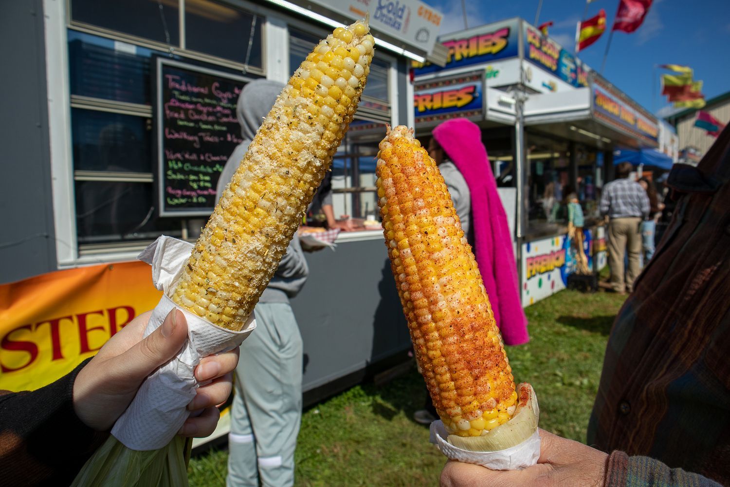 Two hands holding corn on the cob, one yellow, the other orange, in front of a food vendor at an outdoor event.