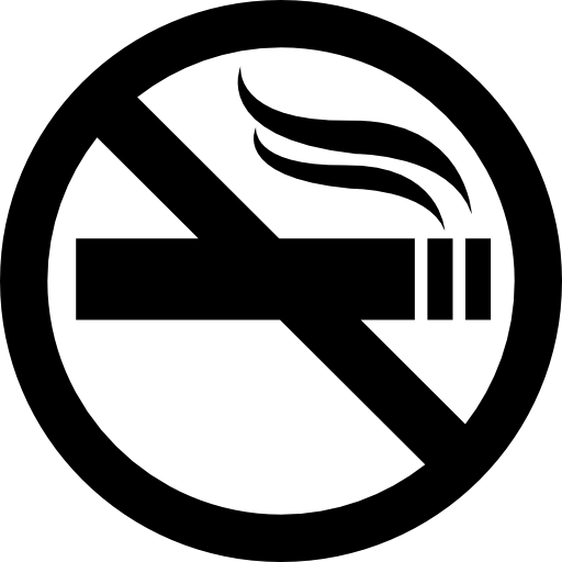 No smoking sign: black cigarette with smoke, crossed out by a red diagonal line, inside a circle.