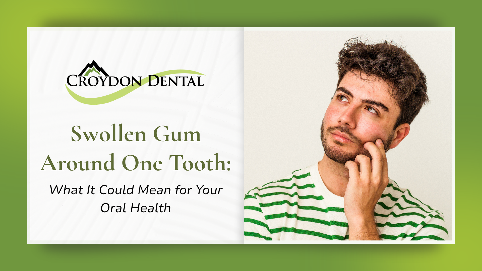 Dental ad about swollen gum around one tooth, with a man touching his jaw on a green background
