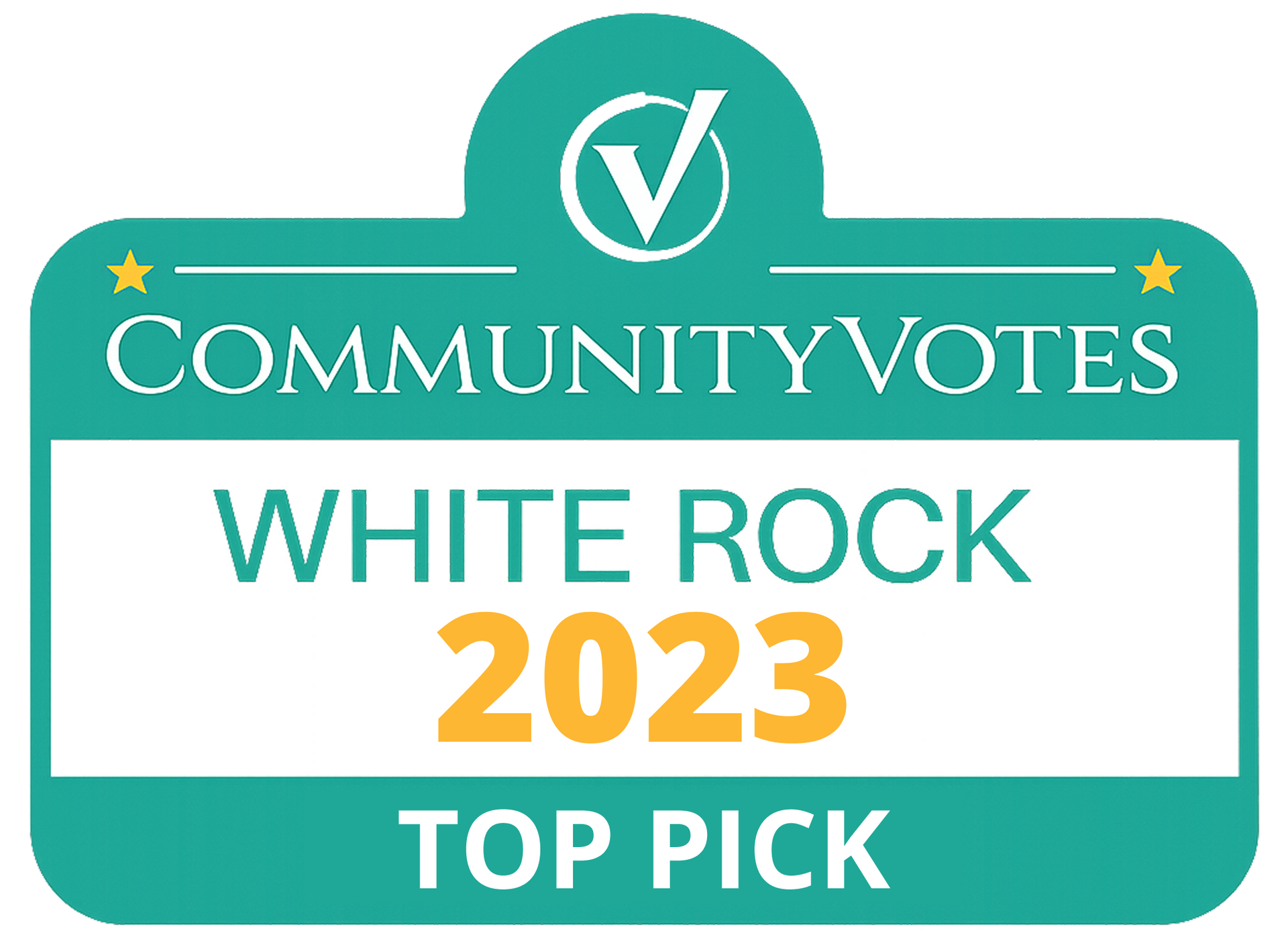 CommunityVotes White Rock 2023 Top Pick badge in teal, white, and gold