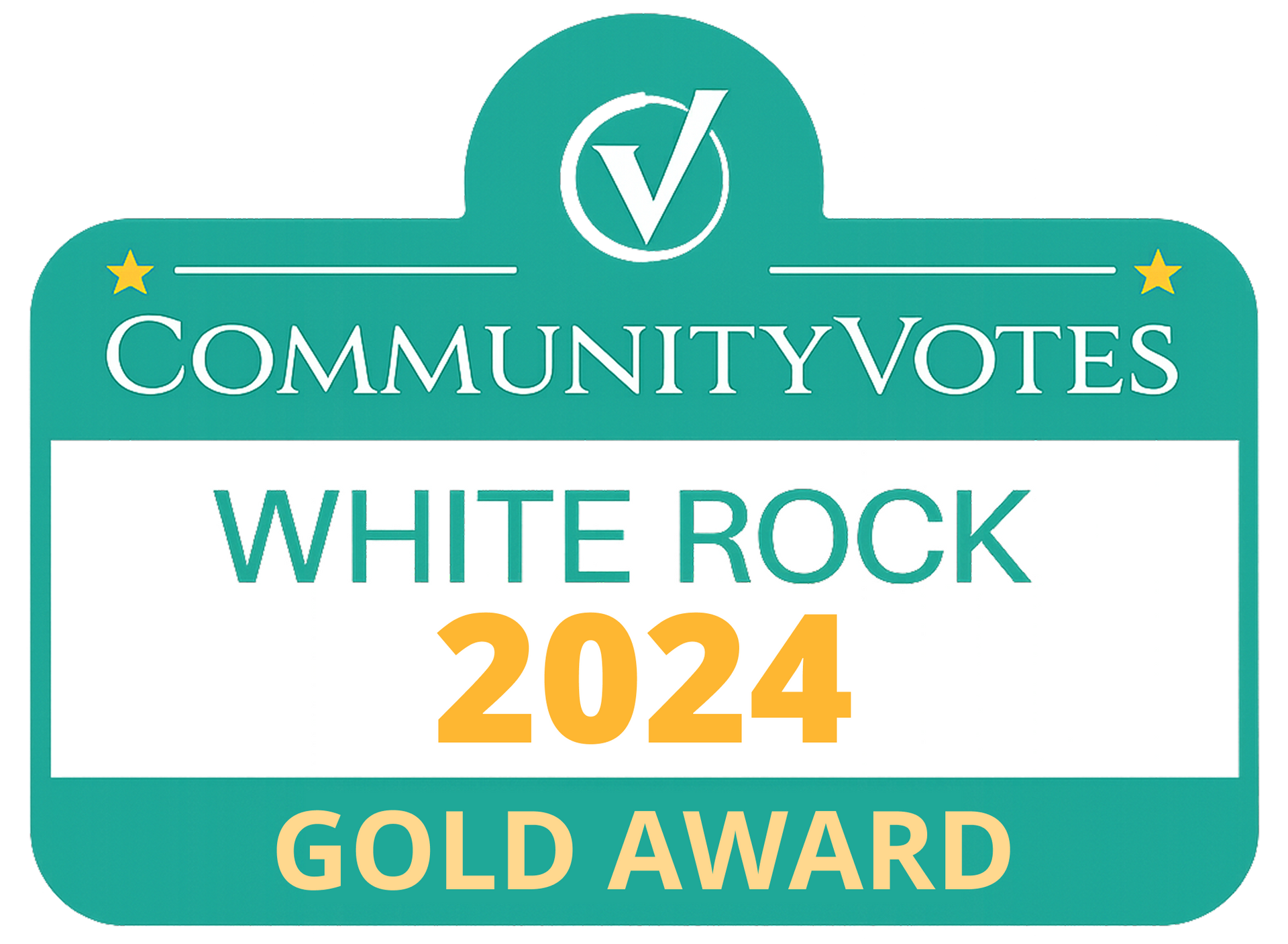 CommunityVotes White Rock 2024 Gold Award badge in teal, white, and gold
