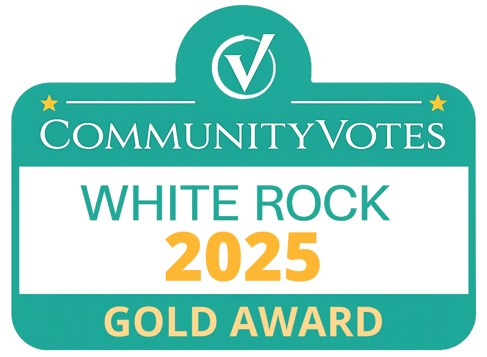 CommunityVotes White Rock 2025 Gold Award badge in teal, white, and gold
