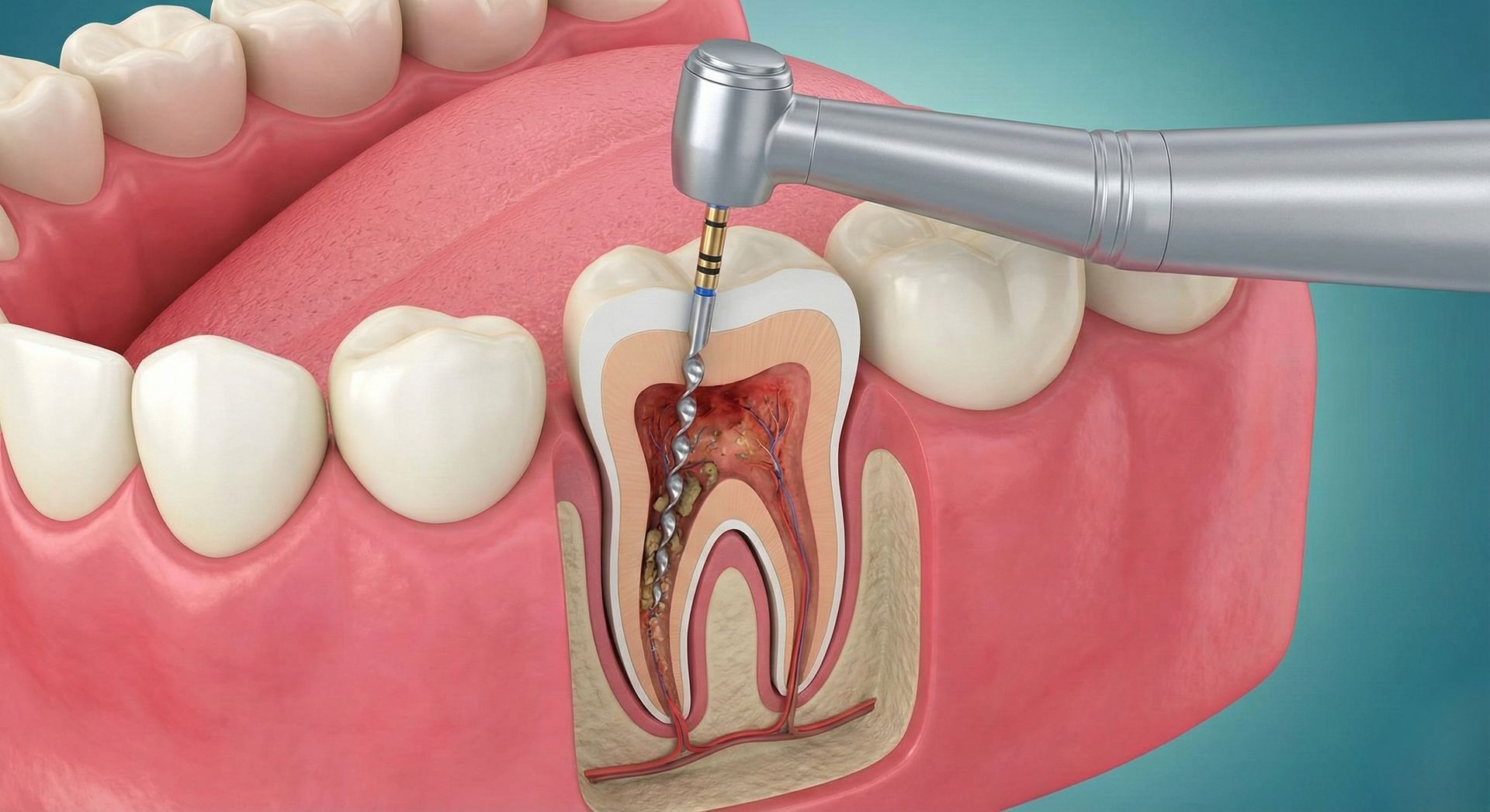 A dental drill cleans the infected root canal of a cross-sectioned tooth in a pink gum model.