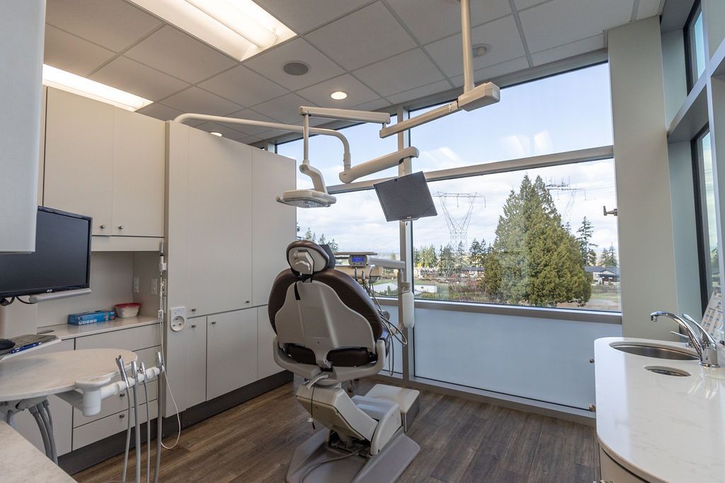 Modern dental exam room with a reclining chair, ceiling-mounted light, computer screen, and window view.