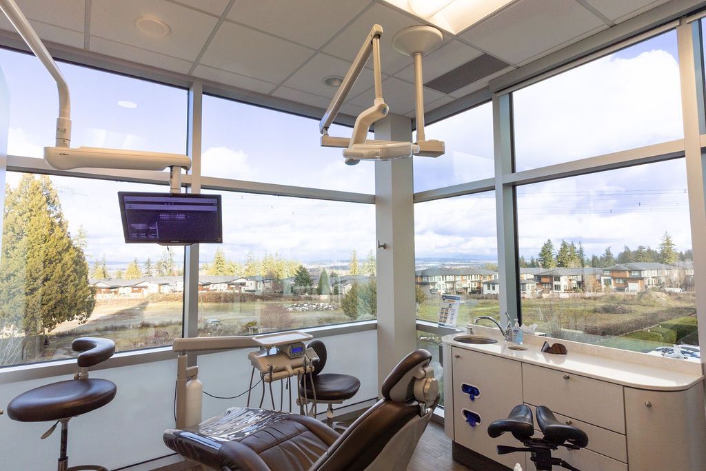 A dental exam room with a chair, medical equipment, and large windows overlooking a scenic, wooded area.