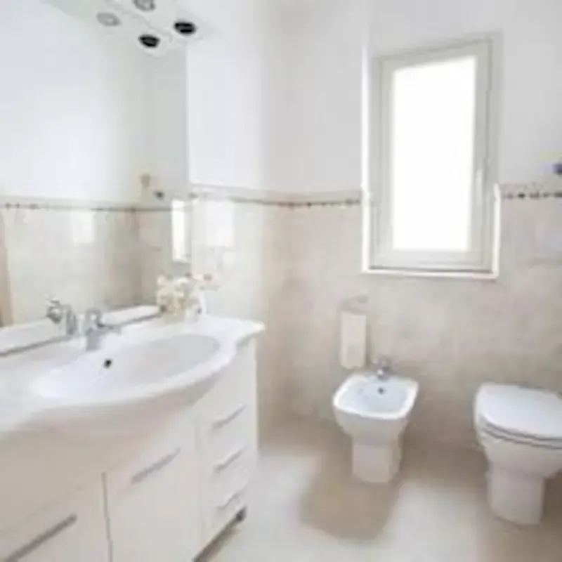 Bright bathroom with white vanity, bidet, toilet, and window