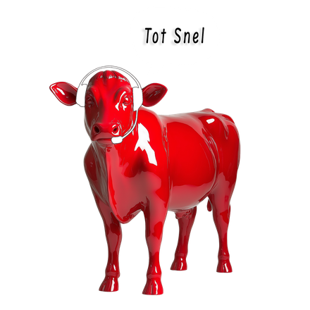 Een rode koe met koptelefoon zegt tot snel