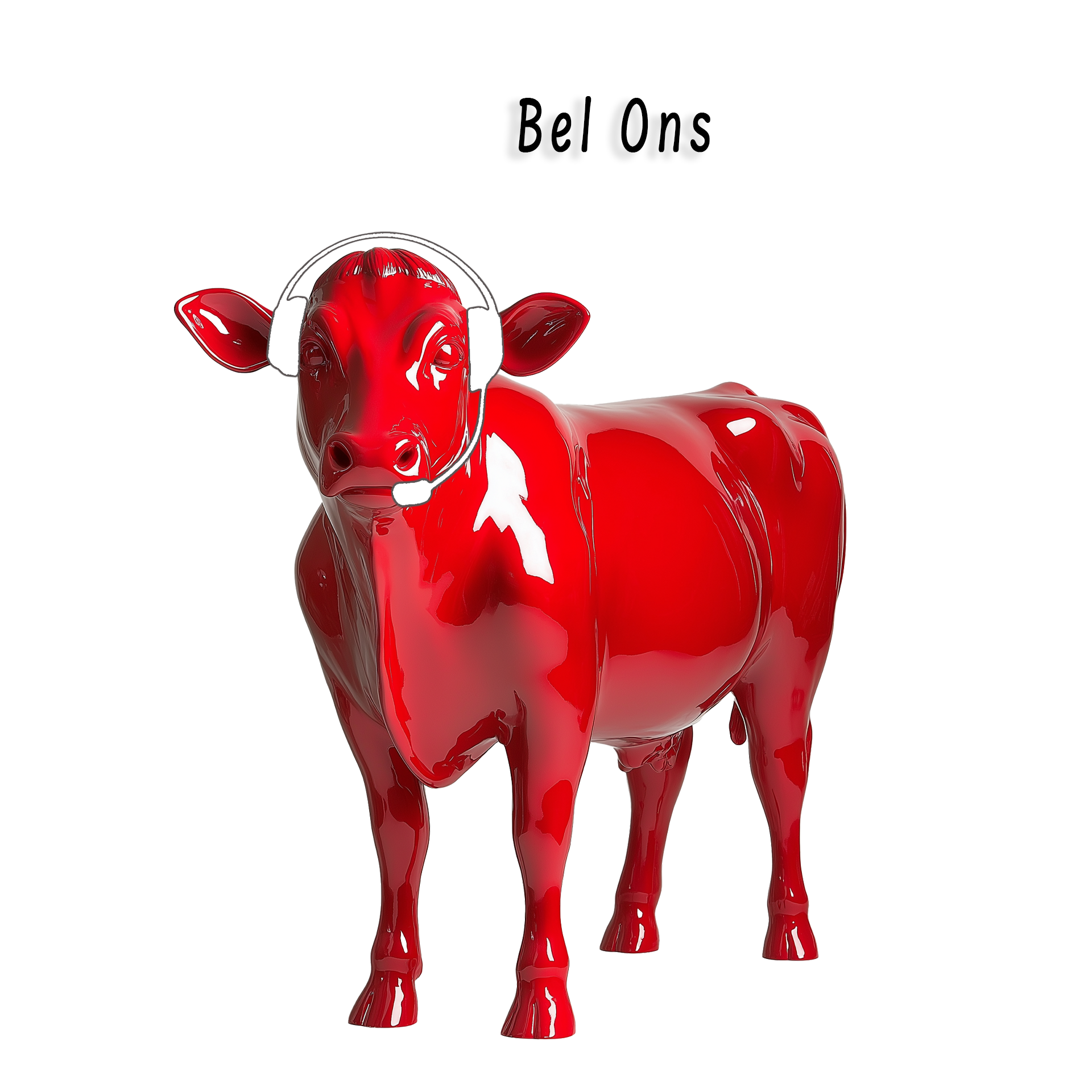 Een rode koe met een koptelefoon met daaronder de woorden bel ons