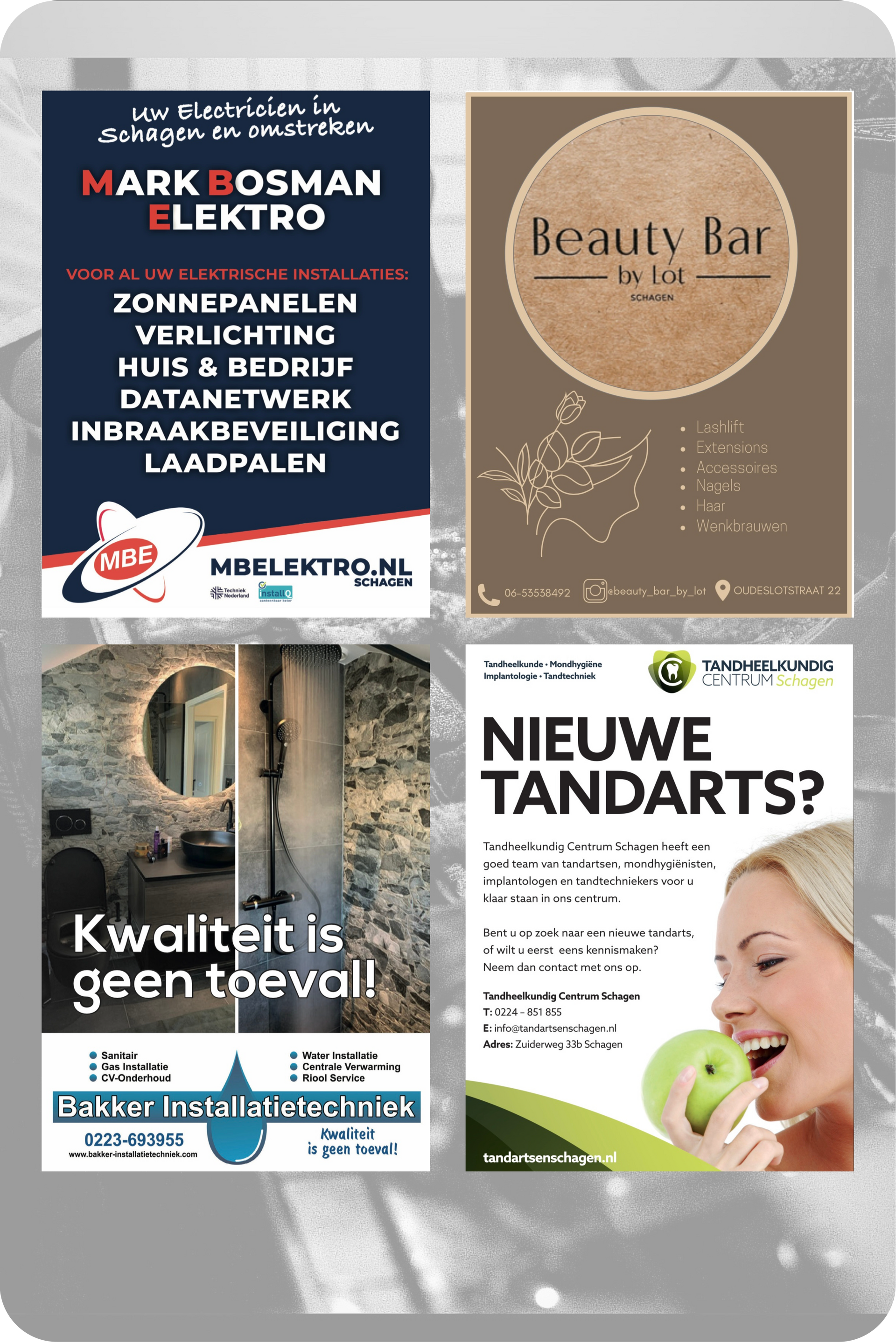 Een collage van advertenties voor verschillende bedrijven.