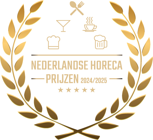 A gold laurel wreath with the words nederlandse horeca prijzen on it. Bij Linke Loetje