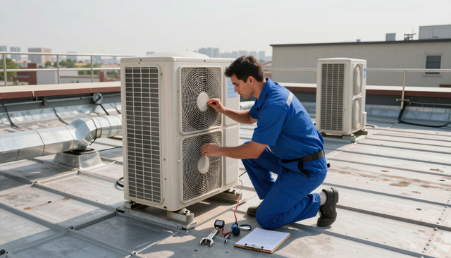 Technician in blue uniform repairs rooftop HVAC unit beside tools and papers