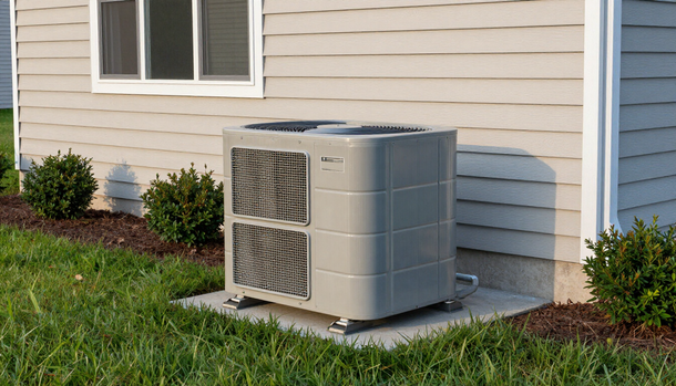 Outdoor air conditioning unit beside a beige house, with grass and shrubs around it