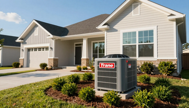 Suburban house with a Trane HVAC unit in the front yard and landscaped garden.