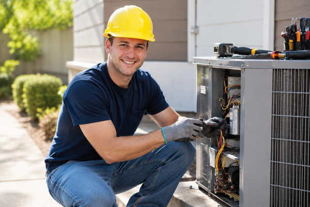 HVAC gauges and hoses beside a vacuum pump on a light background