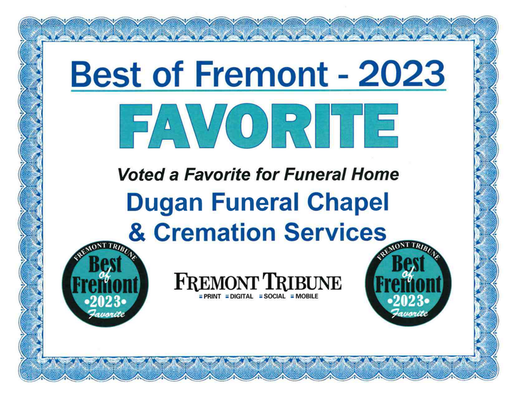 Best of Fremont 2023 award badge for Dugan Funeral Chapel & Cremation Services, with blue decorative border.