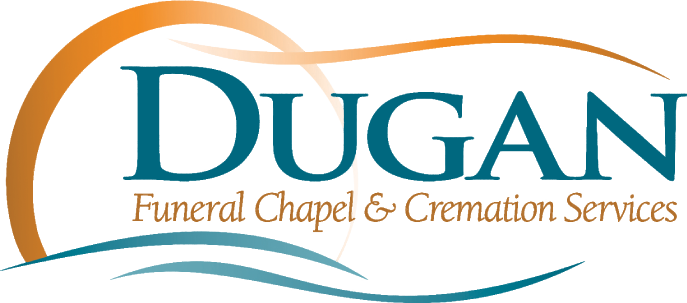 Dugan Funeral Chapel & Cremation Services logo in teal and orange with a stylized wave