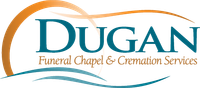 Dugan Funeral Chapel & Cremation Services logo in teal and orange with a stylized wave