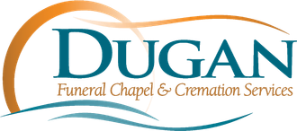Dugan Funeral Chapel & Cremation Services logo in teal and orange with a stylized wave