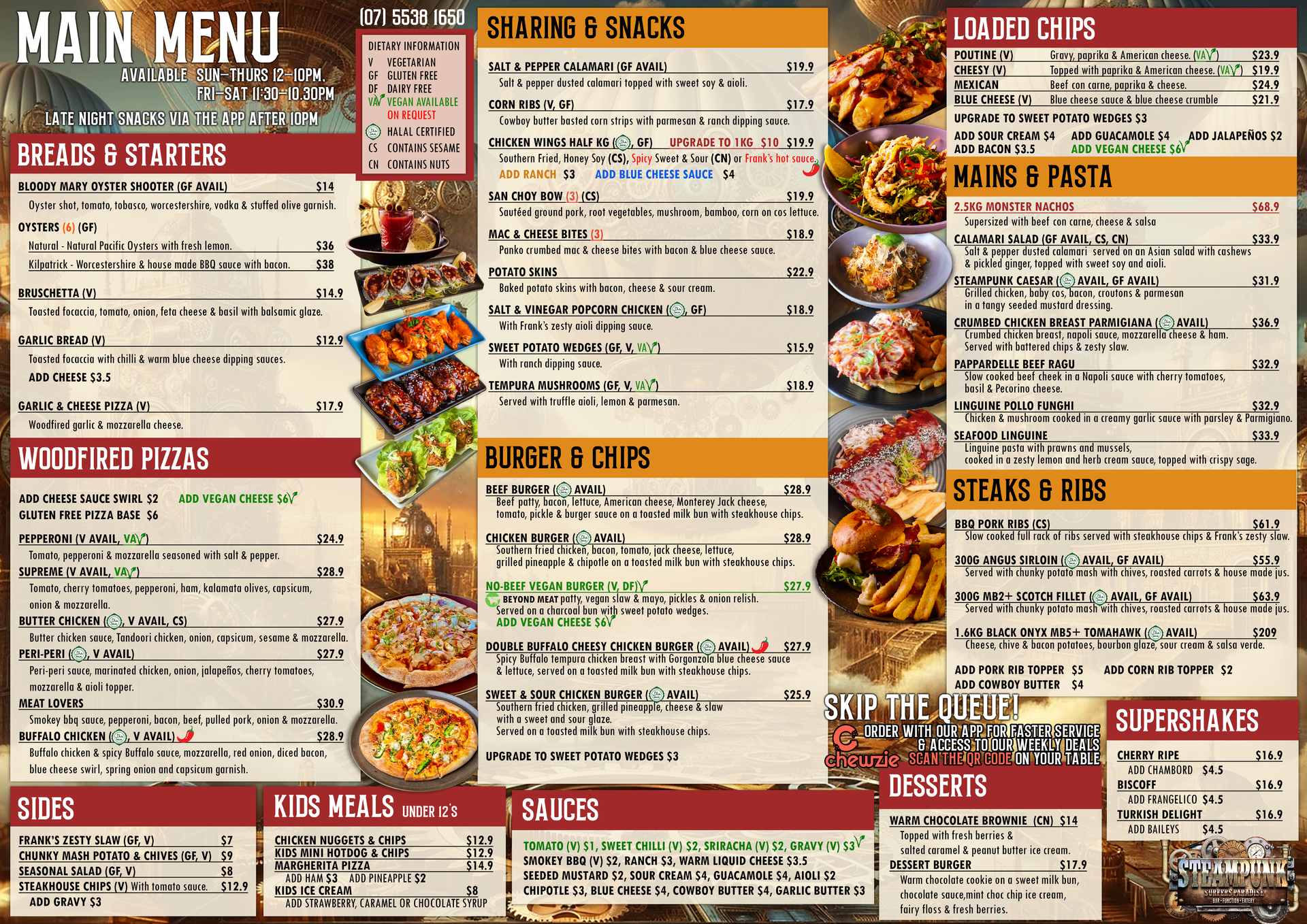 Steampunk Menu Dinner Menu | Surfers Paradise, QLD | Steampunk Surfers