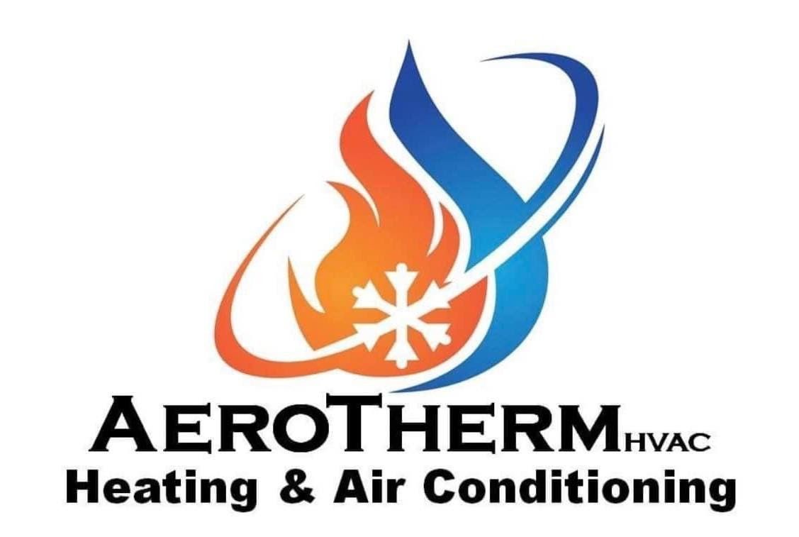 Aerotherm HVAC logo with orange flame and blue swoosh above Heating & Air Conditioning text