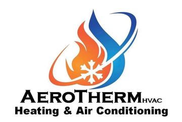 Aerotherm HVAC logo with orange flame and blue swoosh above Heating & Air Conditioning text