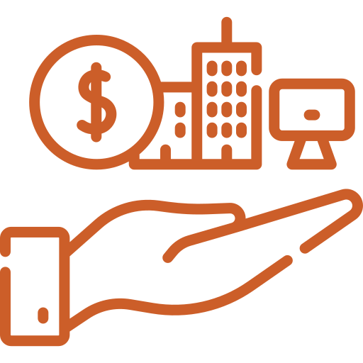 Hand holding buildings, dollar sign, and computer, symbolizing investment or business support.