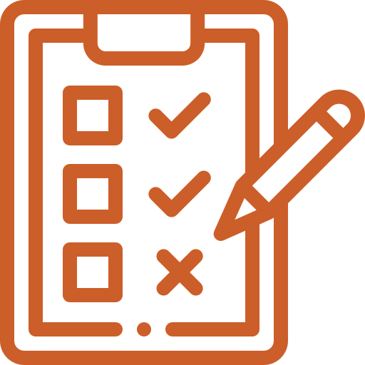 Orange clipboard with checkboxes, two checked with a checkmark, one marked with an X, and a pencil.