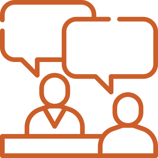 Two people at a table, talking in speech bubbles, orange outline.