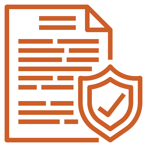 Document with text, protected by a shield with a checkmark, orange.