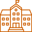 Orange outline of a school building with a flag on top.