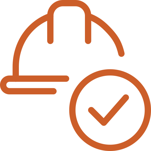 Orange hard hat with a checkmark inside a circle, symbolizing safety compliance.