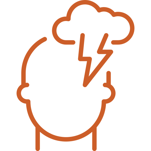 Outline of a head with a cloud and lightning bolt over it, suggesting headache.