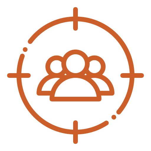 Orange icon: Three people inside a target, indicating a targeted audience.