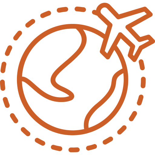 Orange airplane circling a globe, depicting travel.