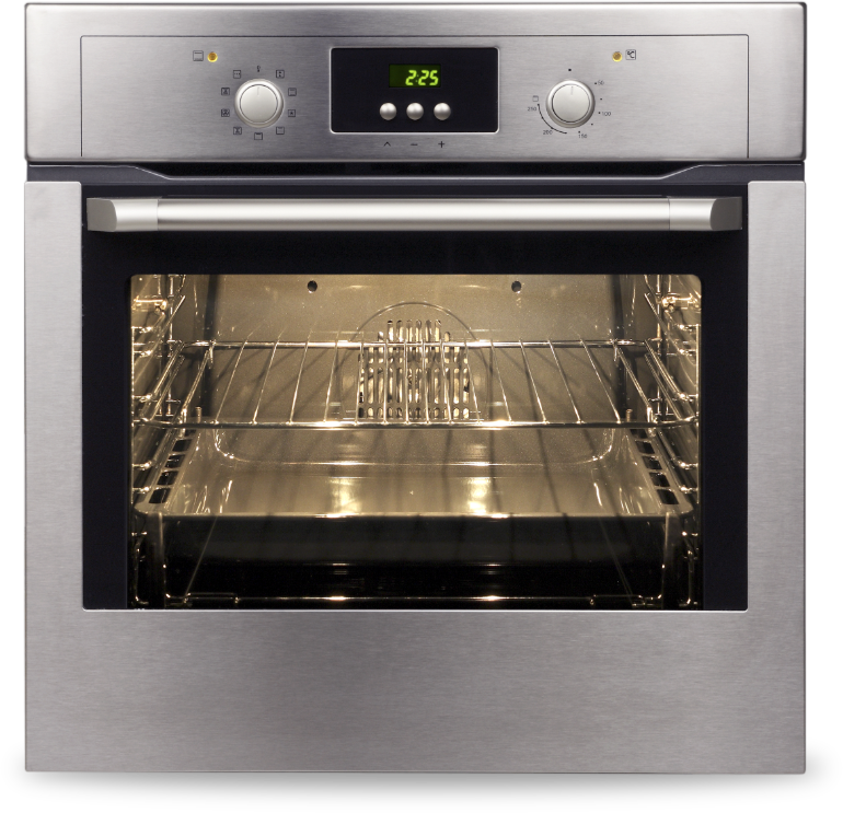 A stainless steel oven with a digital display reading 225