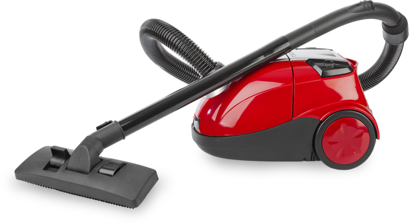 A red vacuum cleaner with a black hose on a white background