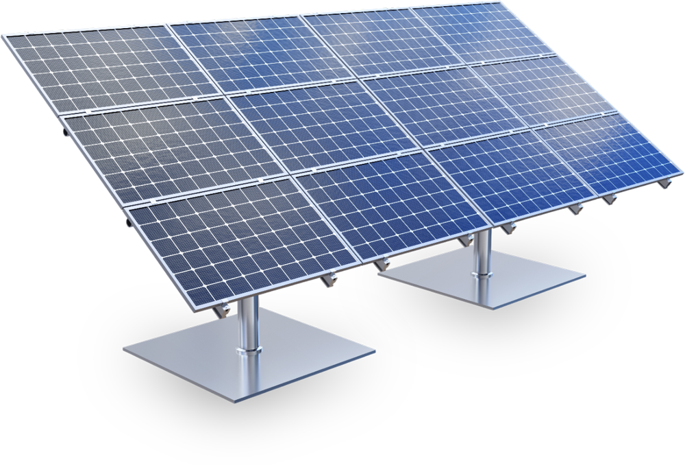 A row of solar panels on a stand on a white background