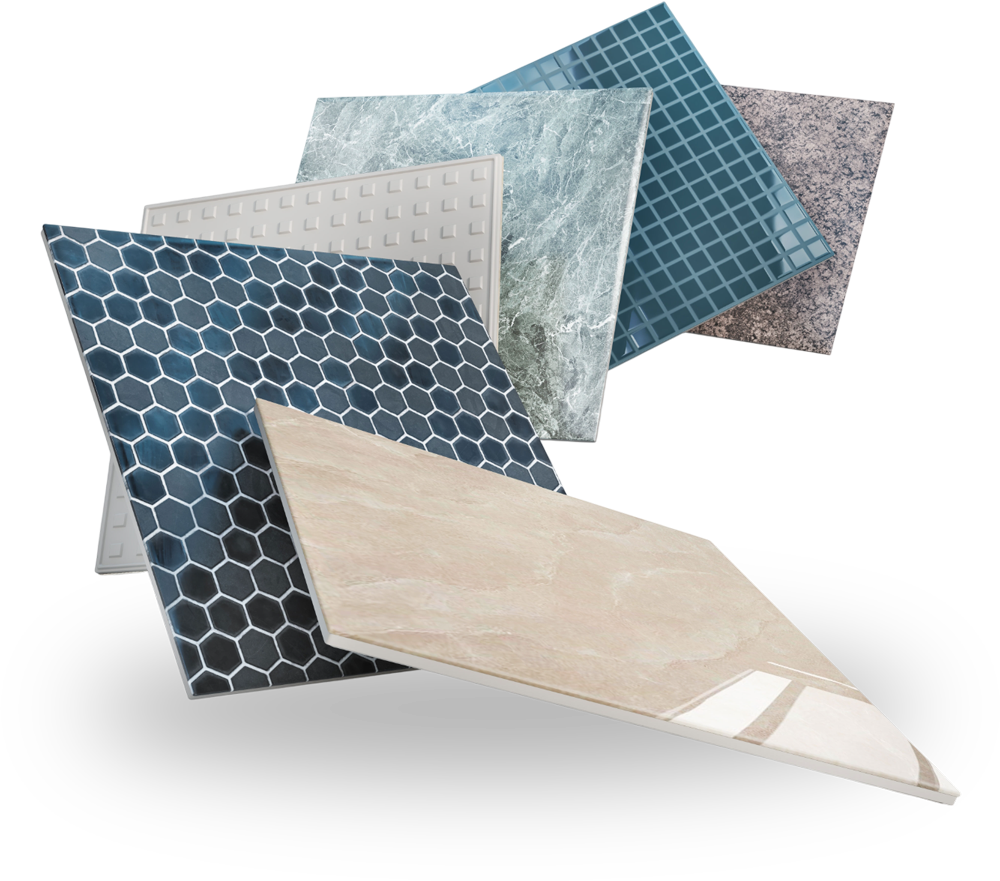 A variety of tiles are stacked on top of each other on a white background.