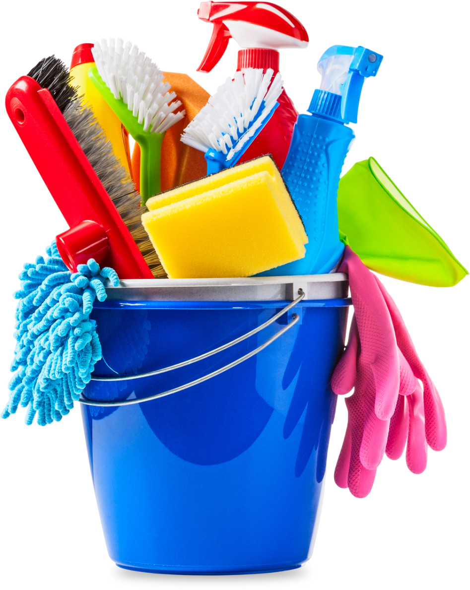 A blue bucket filled with cleaning supplies on a white background