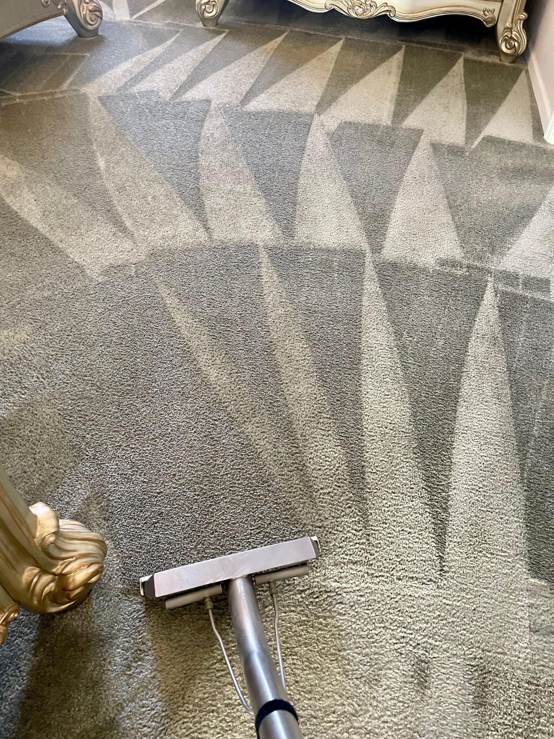 A vacuum cleaner is cleaning a carpet in a living room.