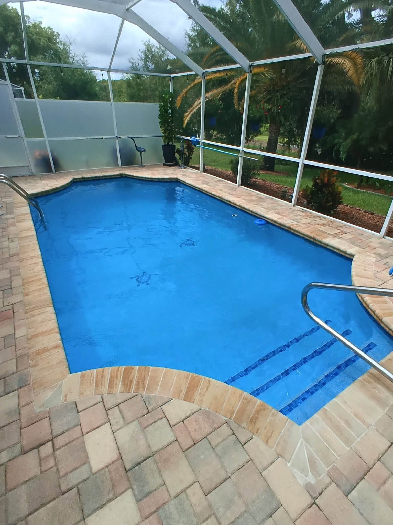Rectangular blue swimming pool with tan paver deck and screened enclosure, surrounded by greenery
