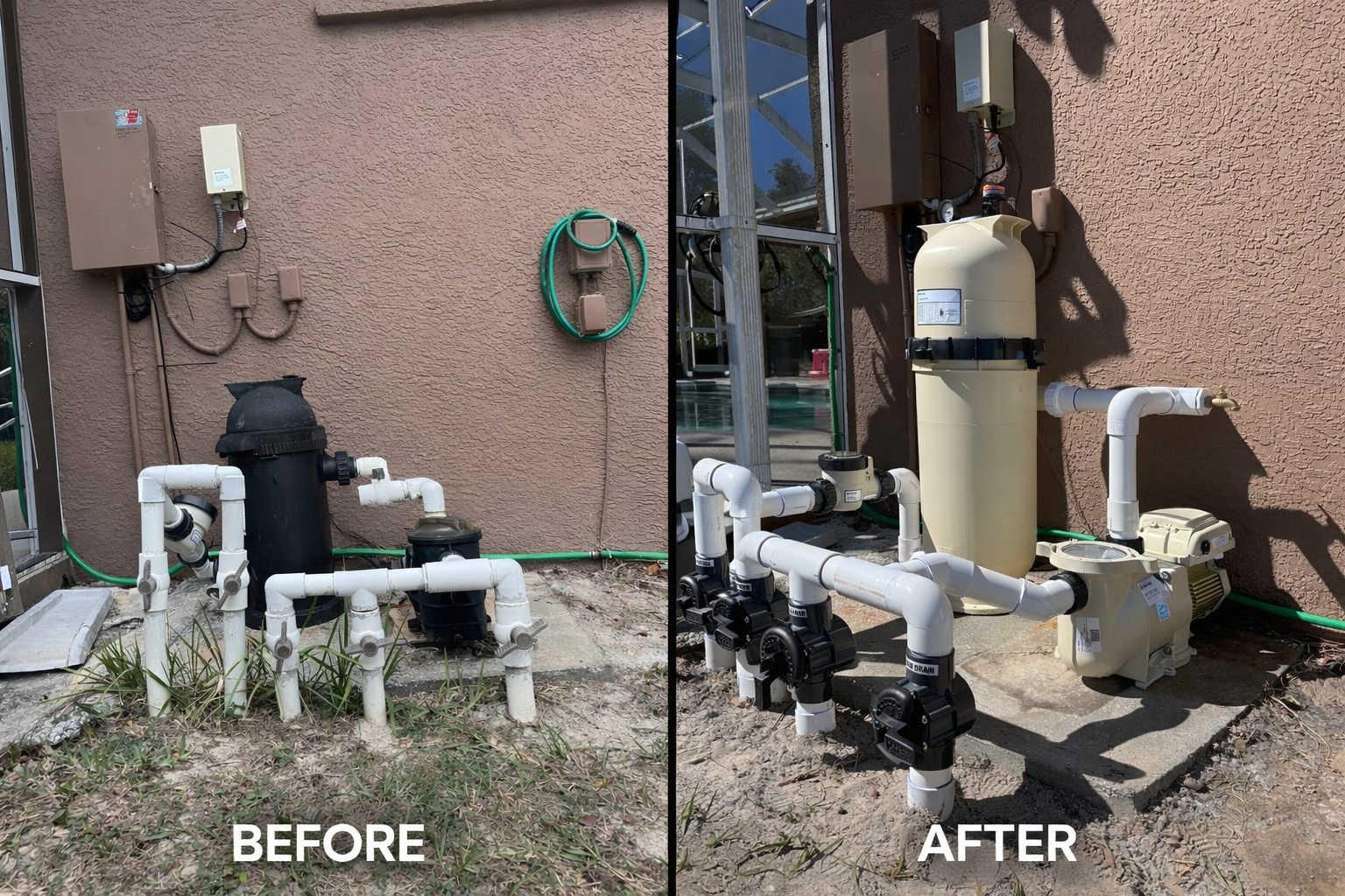 Before-and-after of outdoor utility piping and equipment beside a building, showing a cleaned, upgraded setup.