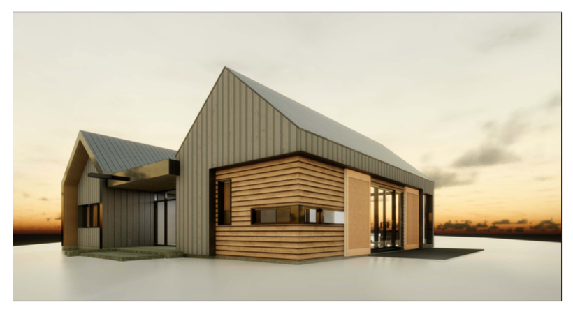 Modern wooden house with a steep metal roof at sunset, shown in a minimalist outdoor setting