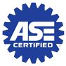 ASE Certified logo in blue and white with a gear-shaped icon