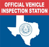 Official Vehicle Inspection Station sign with Texas silhouette on blue background
