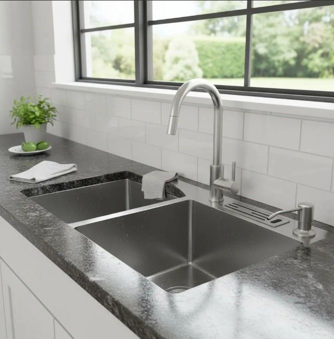 Fregadero de cocina de acero inoxidable con grifo y dispensador de jabón sobre encimera oscura.