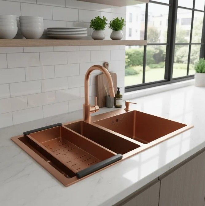 Fregadero de cobre con grifo en una cocina moderna. Cuenta con ventana, repisa y encimeras de color claro.