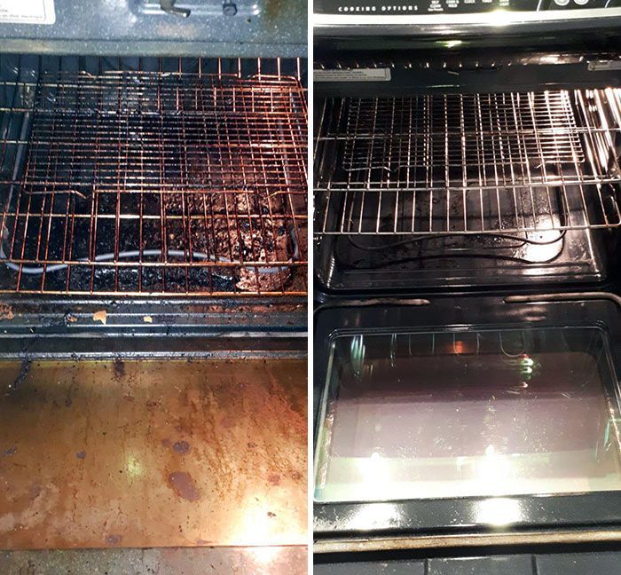 A side-by-side comparison of a dirty, grease-covered oven and a clean, polished oven.