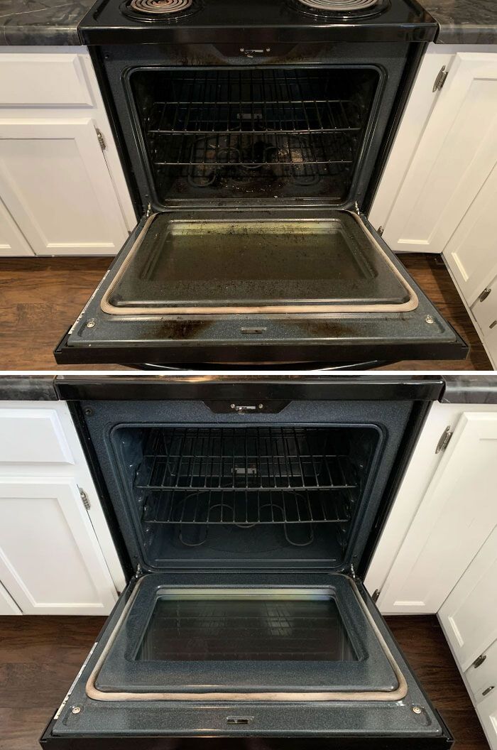 Before and after comparison of an oven being deep cleaned, showing a dirty interior turned clean and shiny.