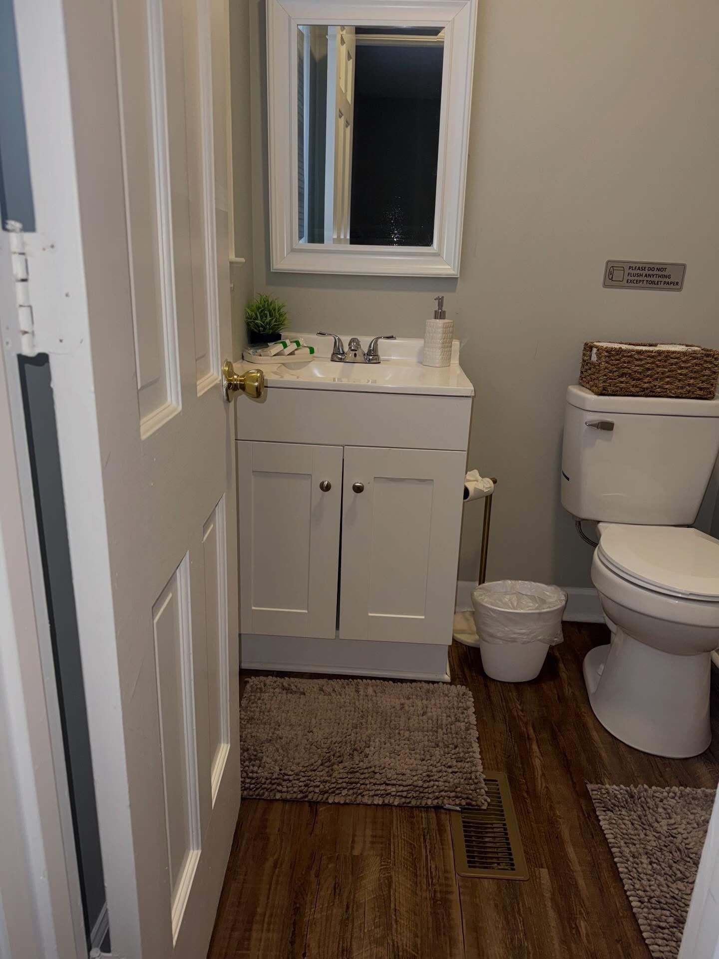 A small, neutral-toned bathroom featuring a white vanity with a mirror above it, a white toilet, and wood-look flooring.
